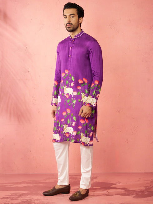 Men's Purple Dola Silk Digital Print Kurta with Cream Pyjama